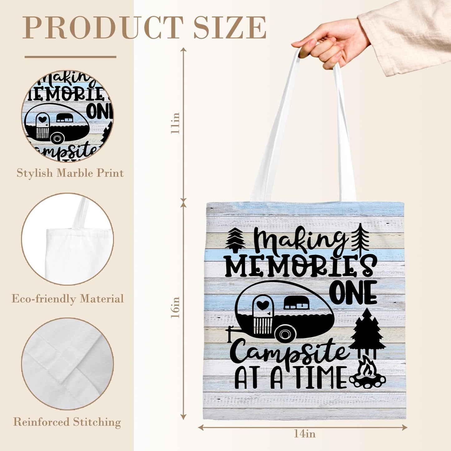 Camping Tote Bag, Making Memories One Campsite at a Time Canvas Tote Bags for Women, Gifts for Campers Camping Lovers, Camper Reusable Grocery Shopping Bags