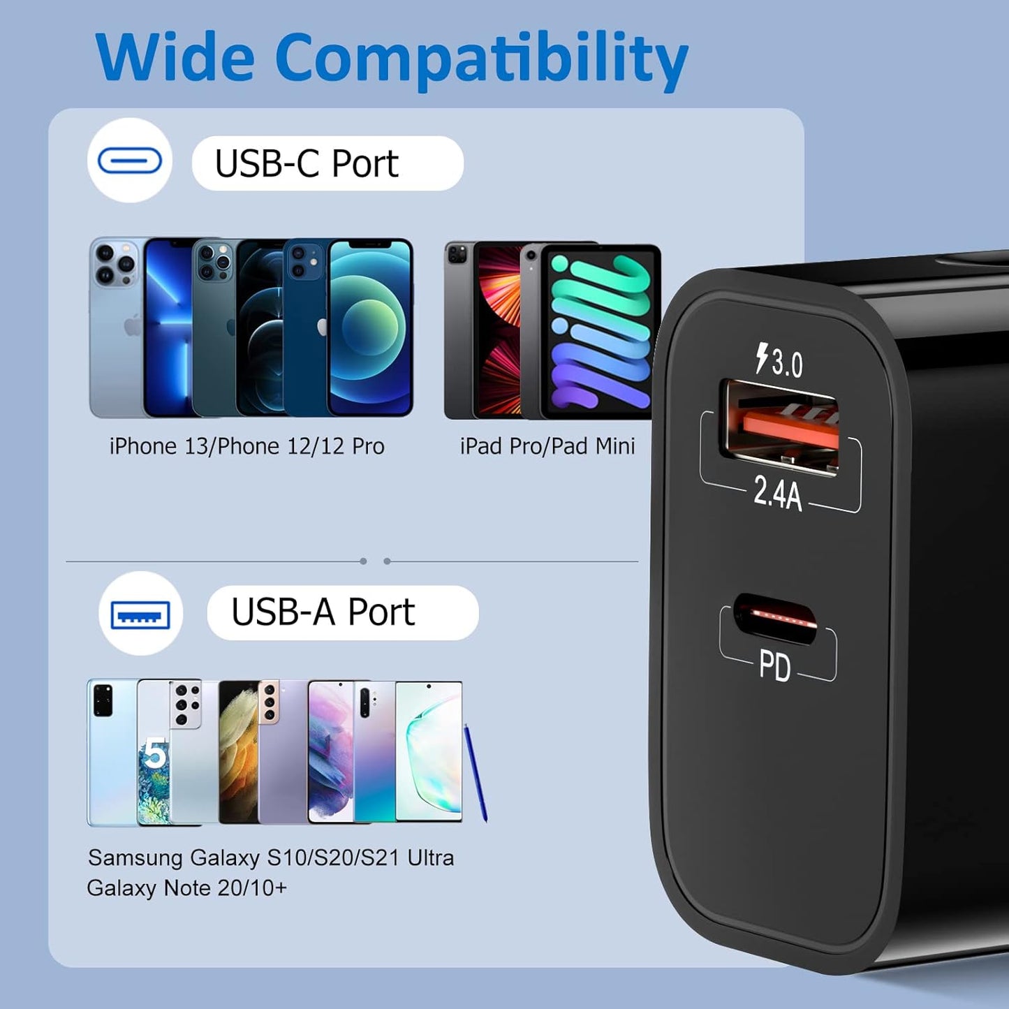 20W USB C Fast Charger+Quick Fast Charger 3.0 Wall Charger, Bangfun 5 Pack Dual Port PD Fast Charging Block Power Adapter Compatible iPhone 17/16/15/14/13/12/11 Pro Max/XS/SE/Plus, Samsung S20 (Black)