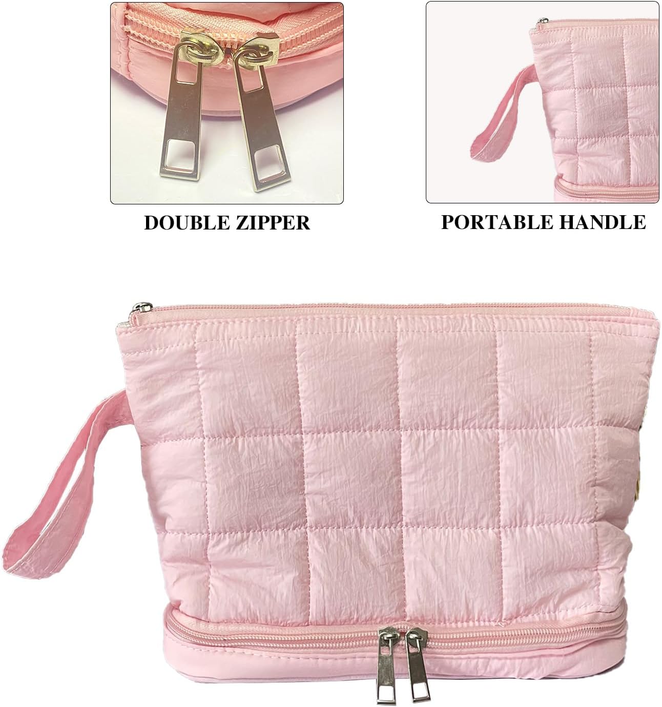 Pink Puffy Puffer Makeup Bag for Purse Small Makeup Pouch Quilted Cosmetic Bag Cute Cotton Toiletry Pouch Bag for Women