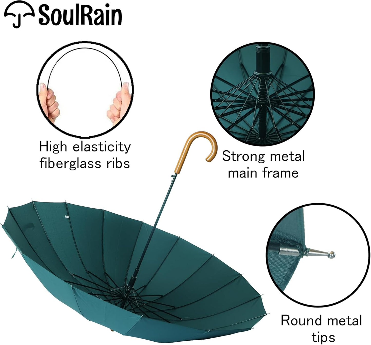 SoulRain 16 Ribs 48" Stick Umbrella Auto Open Solid Color Fashionable and Simple,Arc Classic Wood Handle,Windproof Unbreakable Stick Rain Umbrella