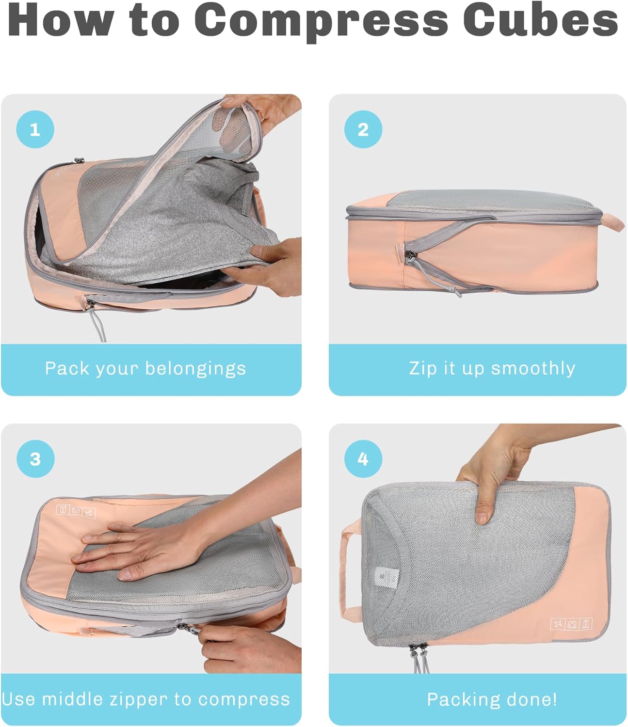 Hynes Eagle 6 Set/ 4 Set/ 2 Set Compression Packing Cubes Travel Essentials Lightweight Nylon Luggage Suitcase Organizer Bag Light Pink 6PCS