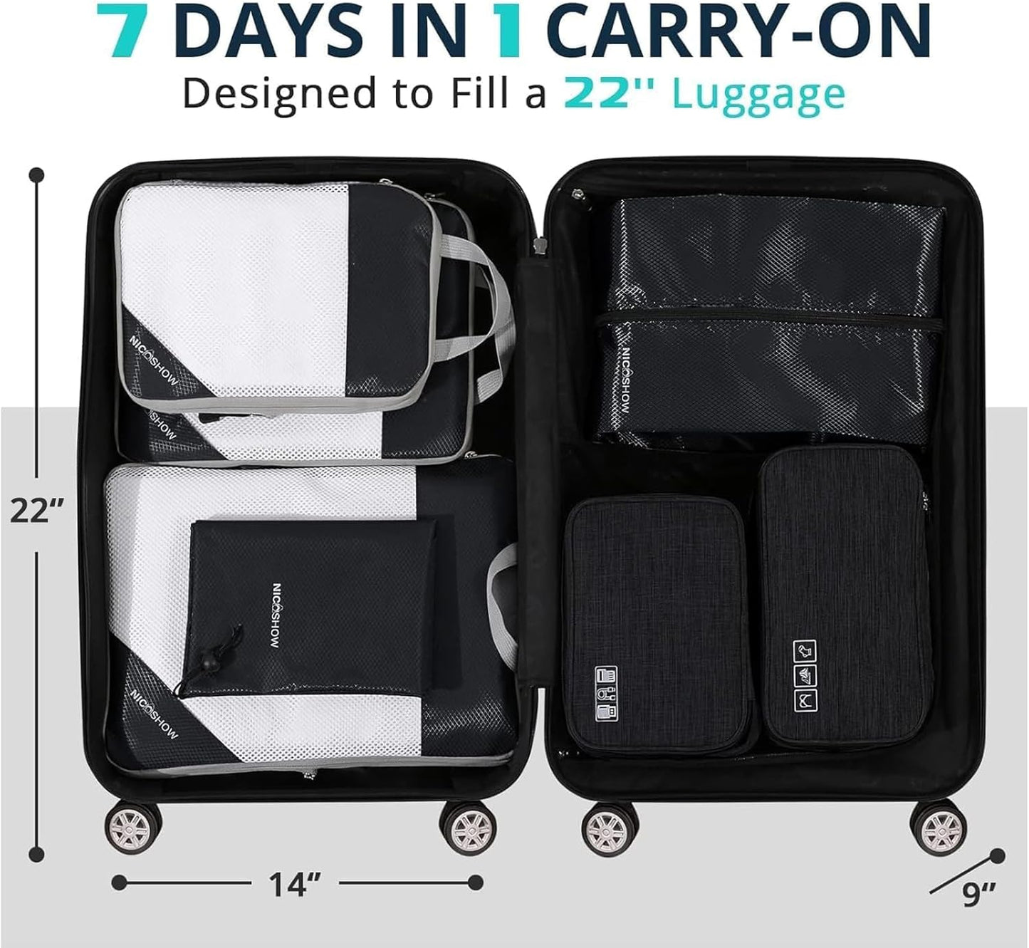 7 Set Compression Packing Cubes for Travel - Compressible, Lightweight, and Space-Saving Packing Cubes, Travel Essentials for Women, Black