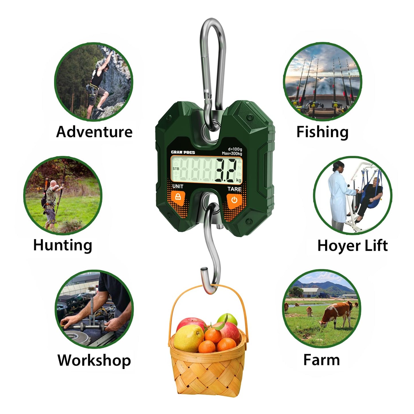 Digital Hanging Scale 660LB/300KG,Handheld Mini Crane Scale,Deer Hunting Scales,Digital Luggage Scale with Hooks for Farm,Fishing, Fish, Meat,Game,Outdoor.