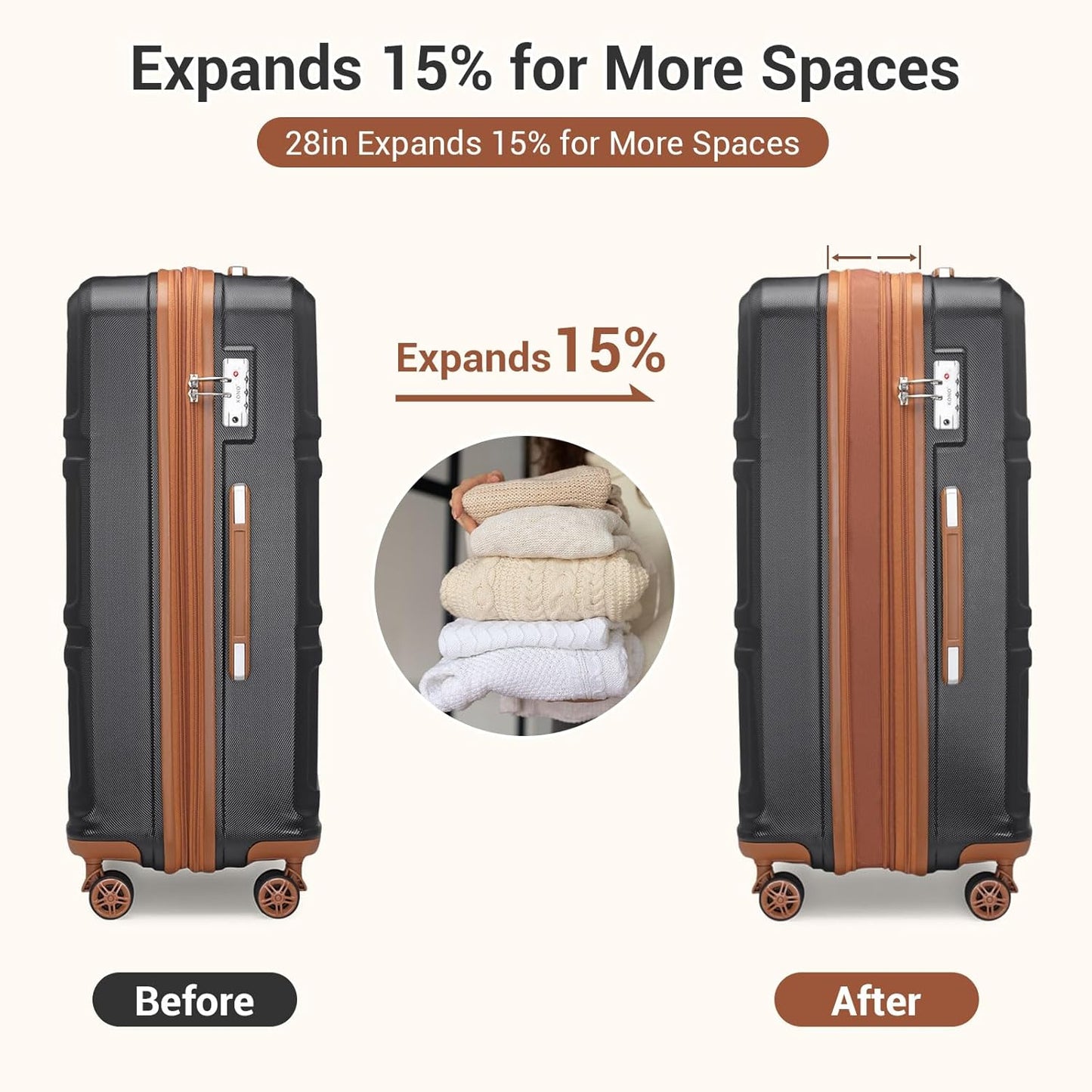 Kono Luggage 3 Piece Set Suitcase Spinner Hardshell Lightweight TSA Lock For Men Women(apricot black, 3 piece set(20in24in28in))