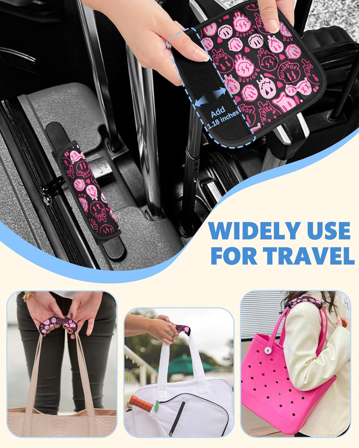 Slohif Luggage Handle Wrap 3Pcs Suitcase Identifier - Bag Strap Cover For Bogg Travel Accessories Easy Identification Bright Marker Sleeve Grips Comfort Neoprene Concealed Tag For Airport Pink Smile