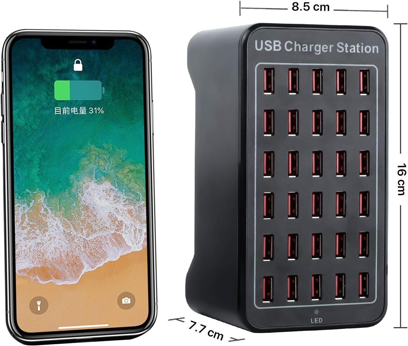 30-Port Charger, USB Charger Station, USB Fast Charger, Smart Charging Recognition, Suitable for Travel, Family Gatherings, Schools, Shopping malls, Hotels, Shops