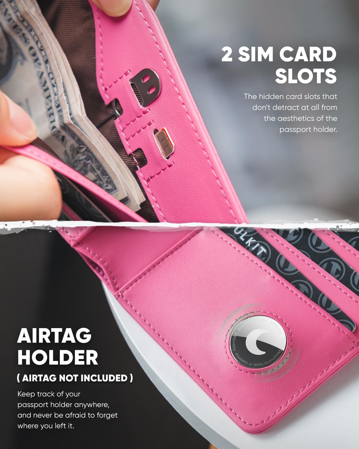 Real Leather Wallet Airtag Compatible RFID Bifold Travel Card Holder Black (Rose)