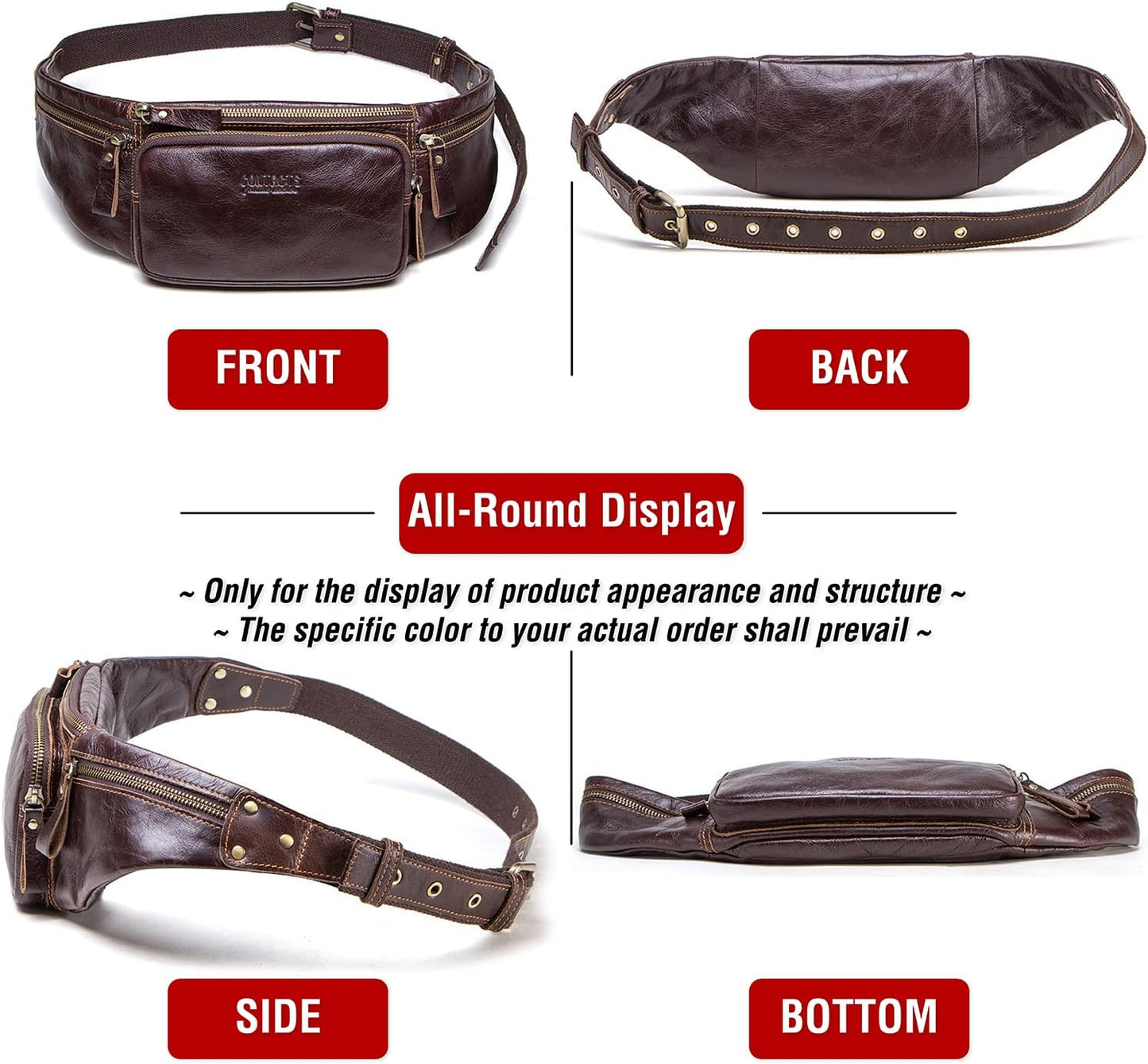 Top Grain Genuine Leather Slim Waist Pack for Man & Woman, Vintage Design & 4 Zipper Pockets & Adjustable Strap, Handmade, Large Capacity Fanny Pack Crossbody Belt Bag for Travel or Ride, Dark Coffee