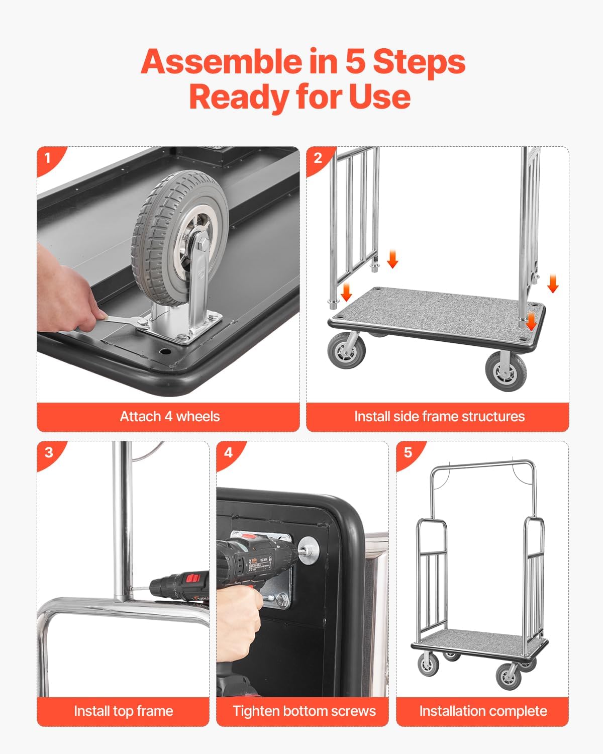 VEVOR Hotel Luggage, 1200 LBS Load Capacity, Brushed Stainless Steel Finish Bellman's Cart, Valet Cart with Grey Carpeted Deck and 8-inch Rubber Wheels, Ideal for Hotels, Condos, Resorts, Silver