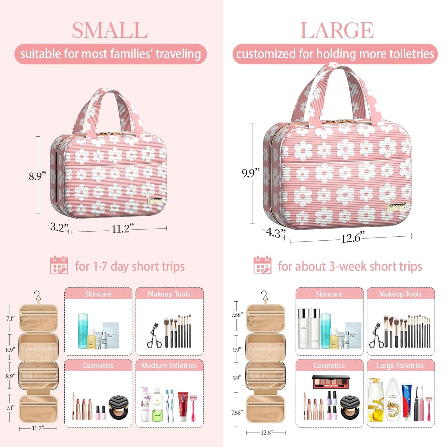 HOTOR Travel Toiletry Bag - Hanging Toiletry Bag for Women & Men, Makeup Bag/Big Comparment, Waterproof for Travel Accessories, Travel Essentials, Medium, Pink with White Daisy