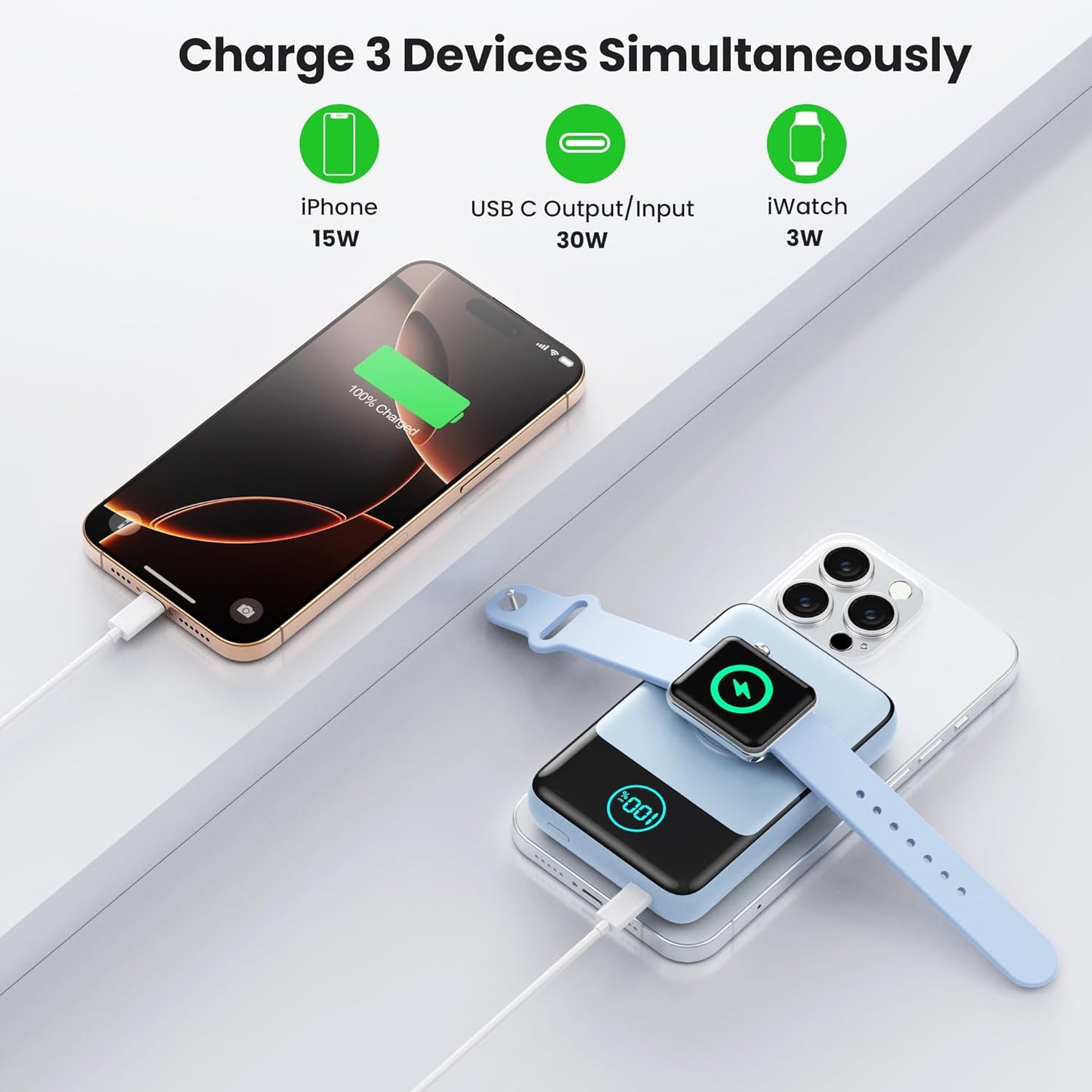 Magnetic Portable Charger for iPhone, 10800mAh Qi2 15W Wireless Power Bank with iWatch Charger,30W PD Fast Charging USB-C Travel Essentials Battery Pack for Magsafe,iPhone 17/16/15/14/13, Apple Watch