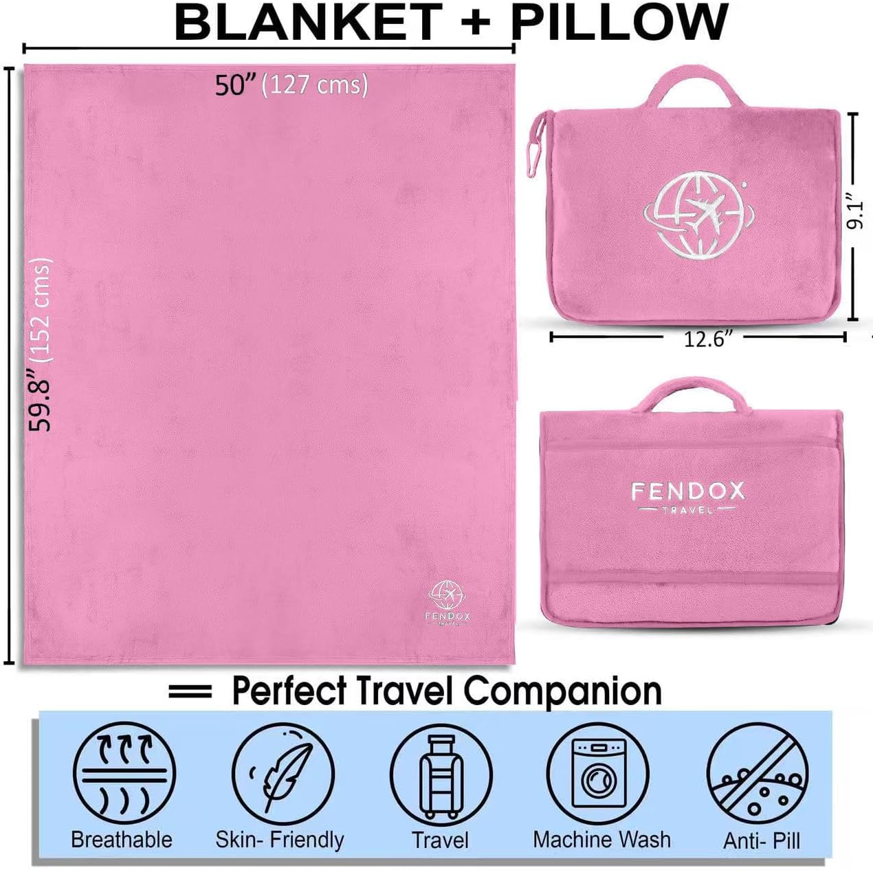 2-in-1 Travel Blanket and Pillow – Lightweight, Compact, Ultra Soft, Machine Washable – Handle, Luggage Sleeve, Backpack Clip – for Trave Airplane, Car, Office (Light Pink)