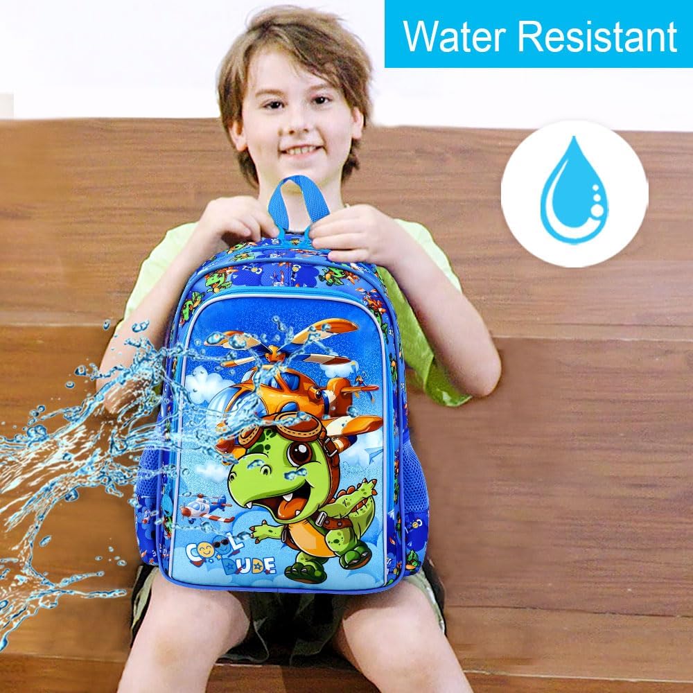 gxtvo 3PCS Boys Dinosaur Backpack, 16" Kids Airplane Bookbag with Lunch Box, Water Resistant Elementary Preschool Toddler School Bag