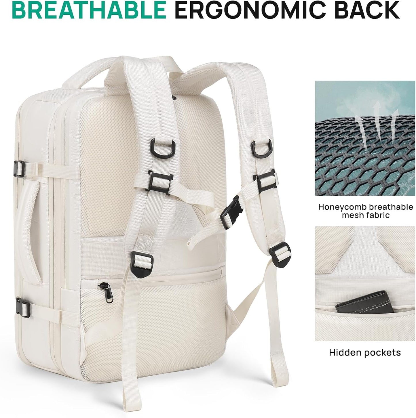 Dinictis Vacuum Seal Travel Backpack 60L Built-in Pump, Expandable Backpack with Vacuum Compression fits 17 inch Laptop, Waterproof Carry On Suitcase Luggage suit for Short Trip and Business-Beige