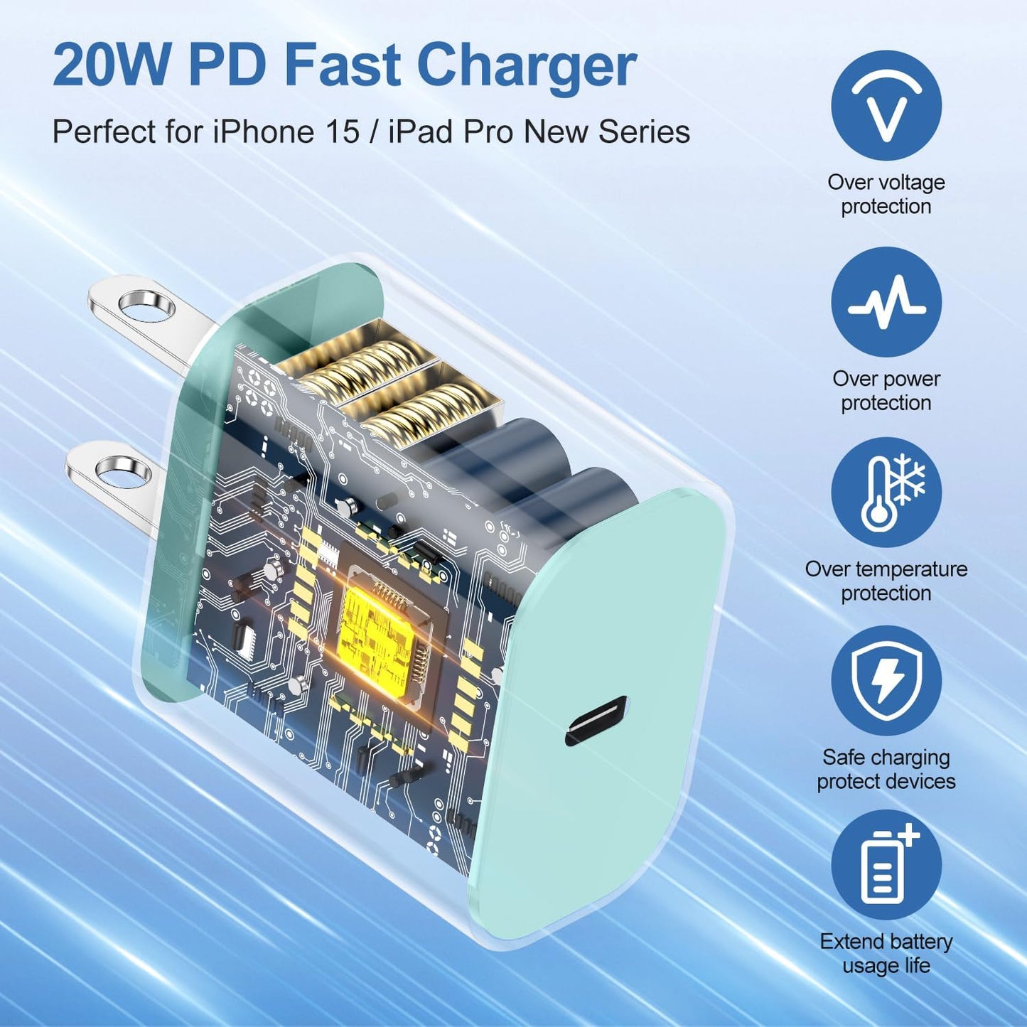iPhone 17 16 15 Fast Charger Block and 10ft USB C to C Cable Cord Long for Apple iPhone 17 Pro Max/17 Air/16e/16 Plus/15/iPad/Samsung,Type C Wall Charging Power Adapter Plug Cube Brick-Light Green