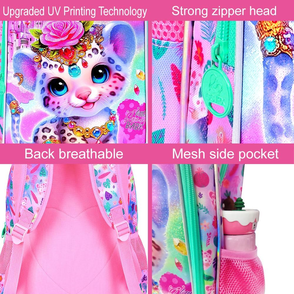 3Pcs Backpack for Girls, 16" Leopard Kids Bookbag for Elementary Preschool Kindergarten, School Backpacks with Lunch Box(Pink)