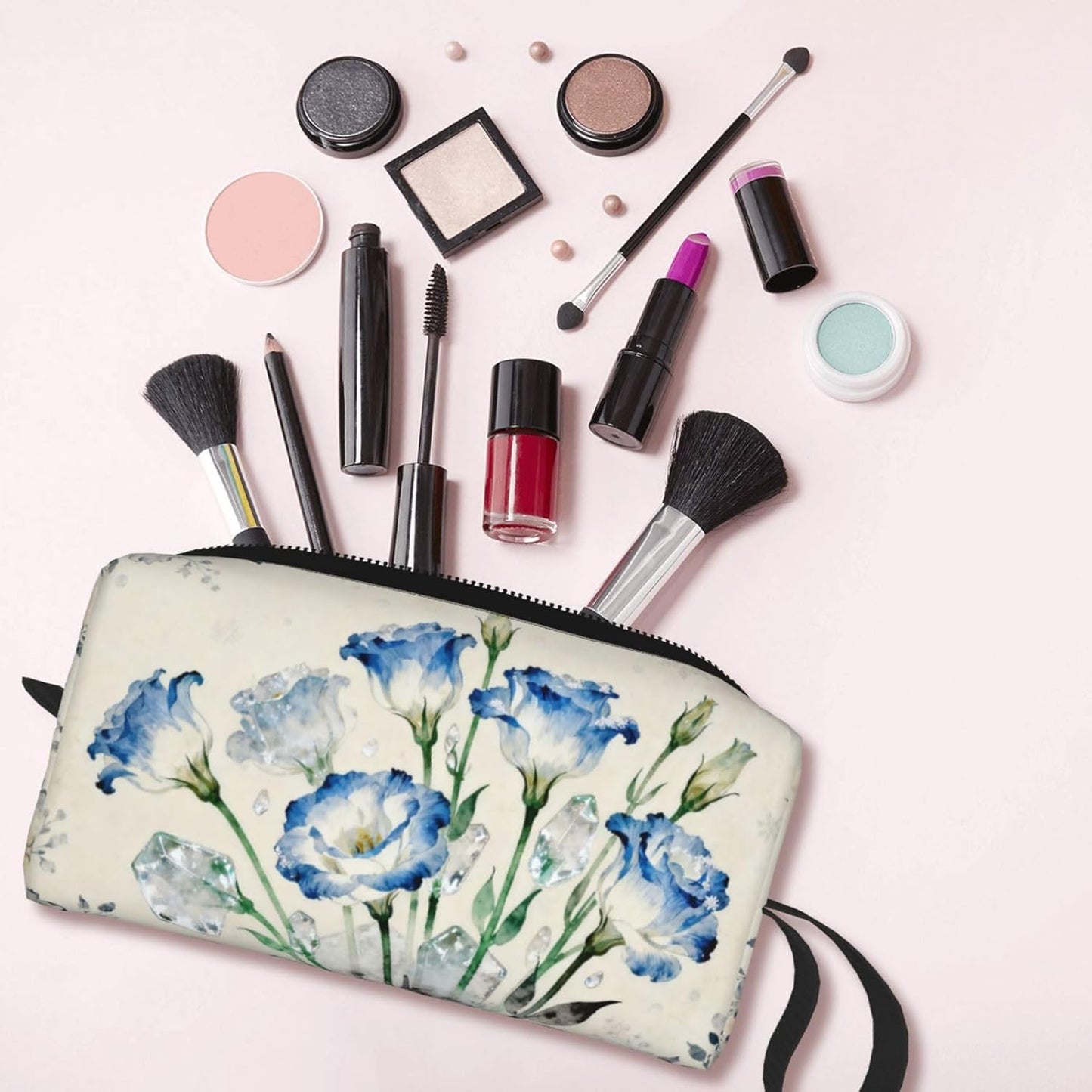 Blue Flower Crystals Makeup Bag Organizer Compact & Durable Floral Travel Cosmetic Bag Oxford Fabric Impact-Resistant Multi-Purpose Storage Perfect for Travel, Gym, Daily Use