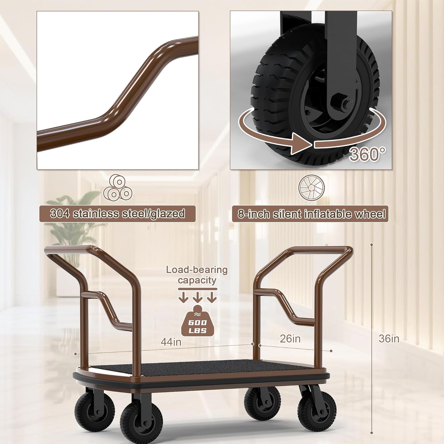 Hotel Luggage Cart,Heavy Duty Bellman Cart -8" Silent Pneumatic Wheels,Nylon Carpet and Deck Bumper Rails,Brushed Stainless Steel Hotel Luggage Trolley Weight Capacity Up to 850LBS for Hotel/Resort