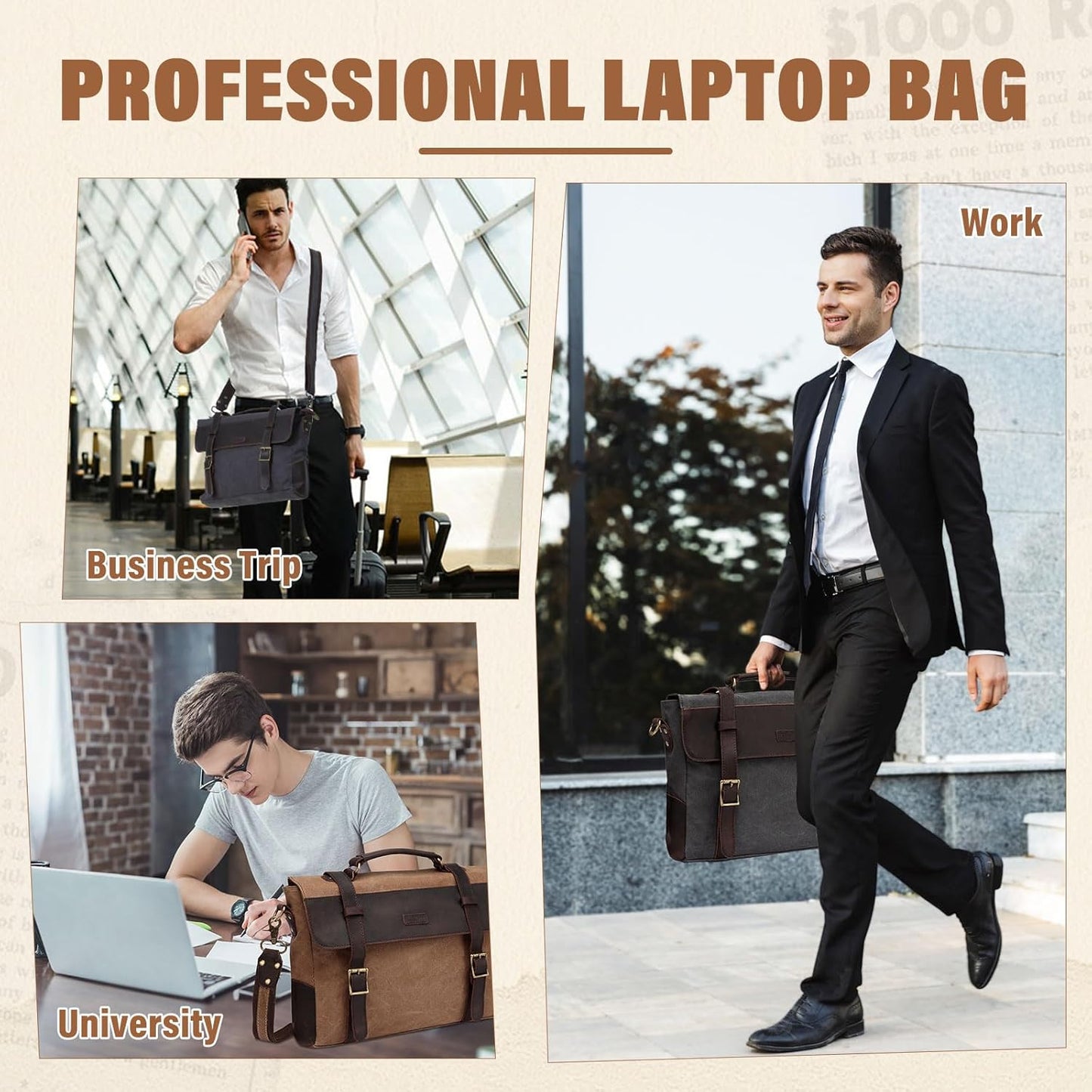 Messenger Bag for Men,Vintage Canvas Leather Canvas Laptop Satchel Shoulder Bag Business Briefcase