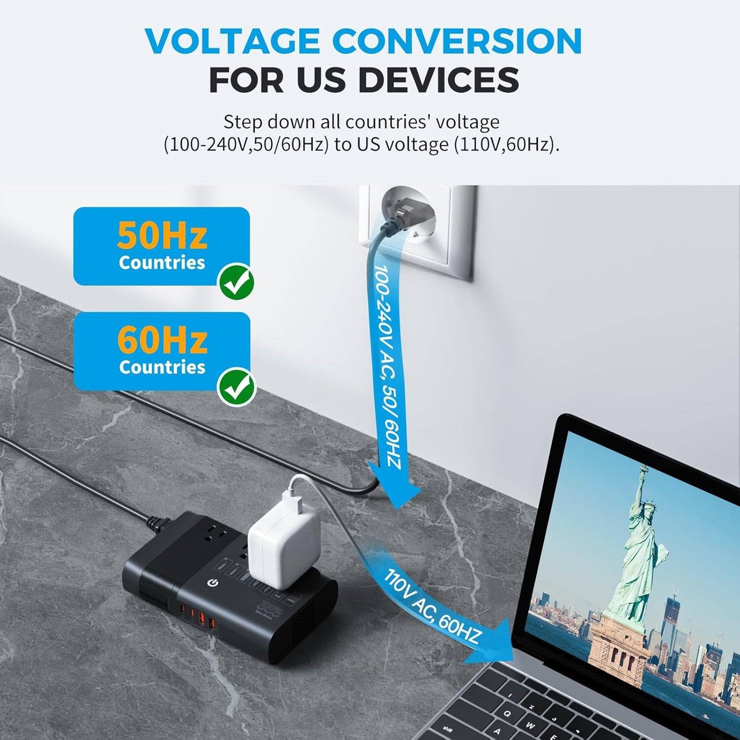 DOACE 500W Max Pure Sine Wave Voltage Converter Us to Europe, 220V to 110V Converter 50Hz to 60Hz Transformer for European Travel, Power Converter Adapter Combo for CPAP Hair Straightener Laptop Phone