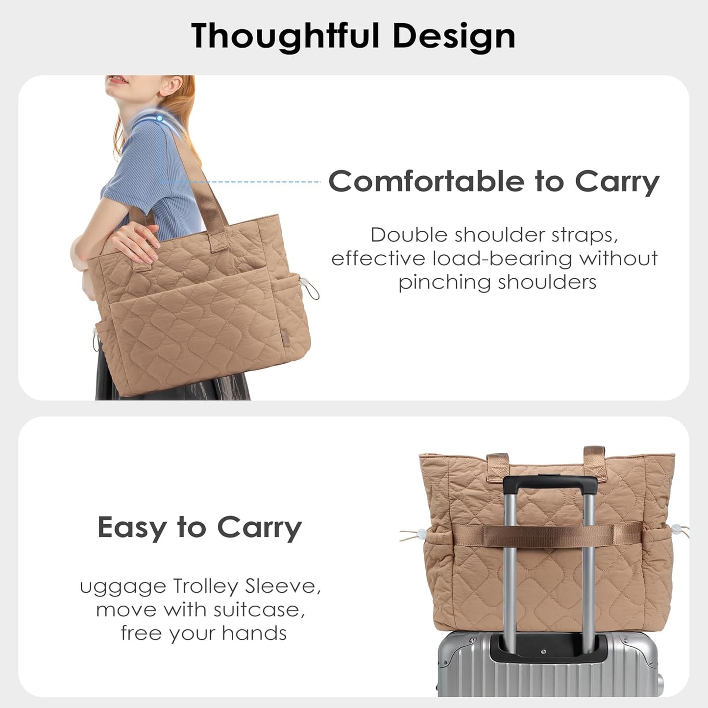 TOPEAST Tote Bag for Women Puffy Tote Travel Bag, Light 15.6" Laptop Work Handbag, Quilted Shoulder Bag Purse for Student Gym