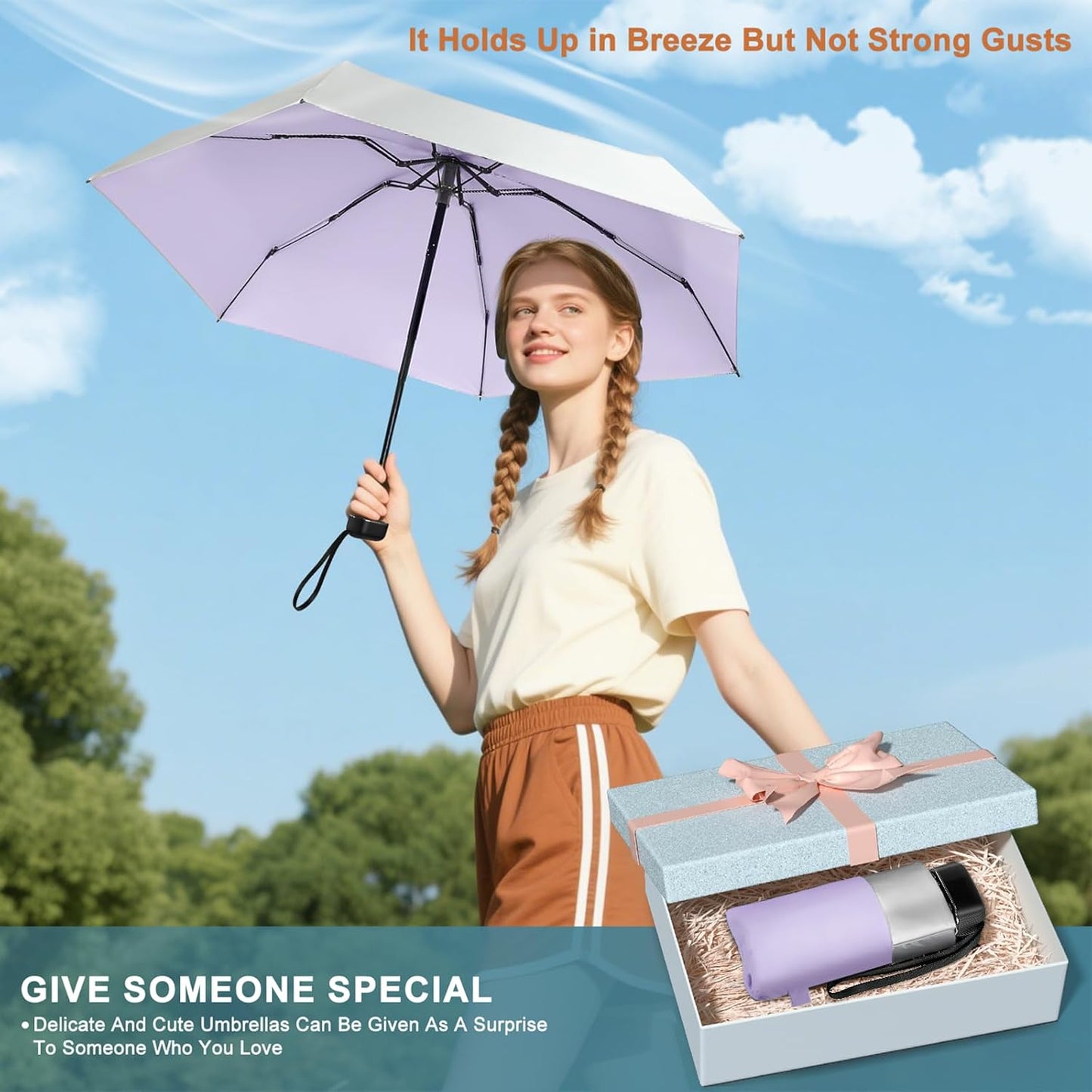 LEAGERA Mini Umbrella For Purse - UPF 50+ UV Blocker Sun Protection Umbrella, Small Micro Travel Parasol Design for Women, Purple