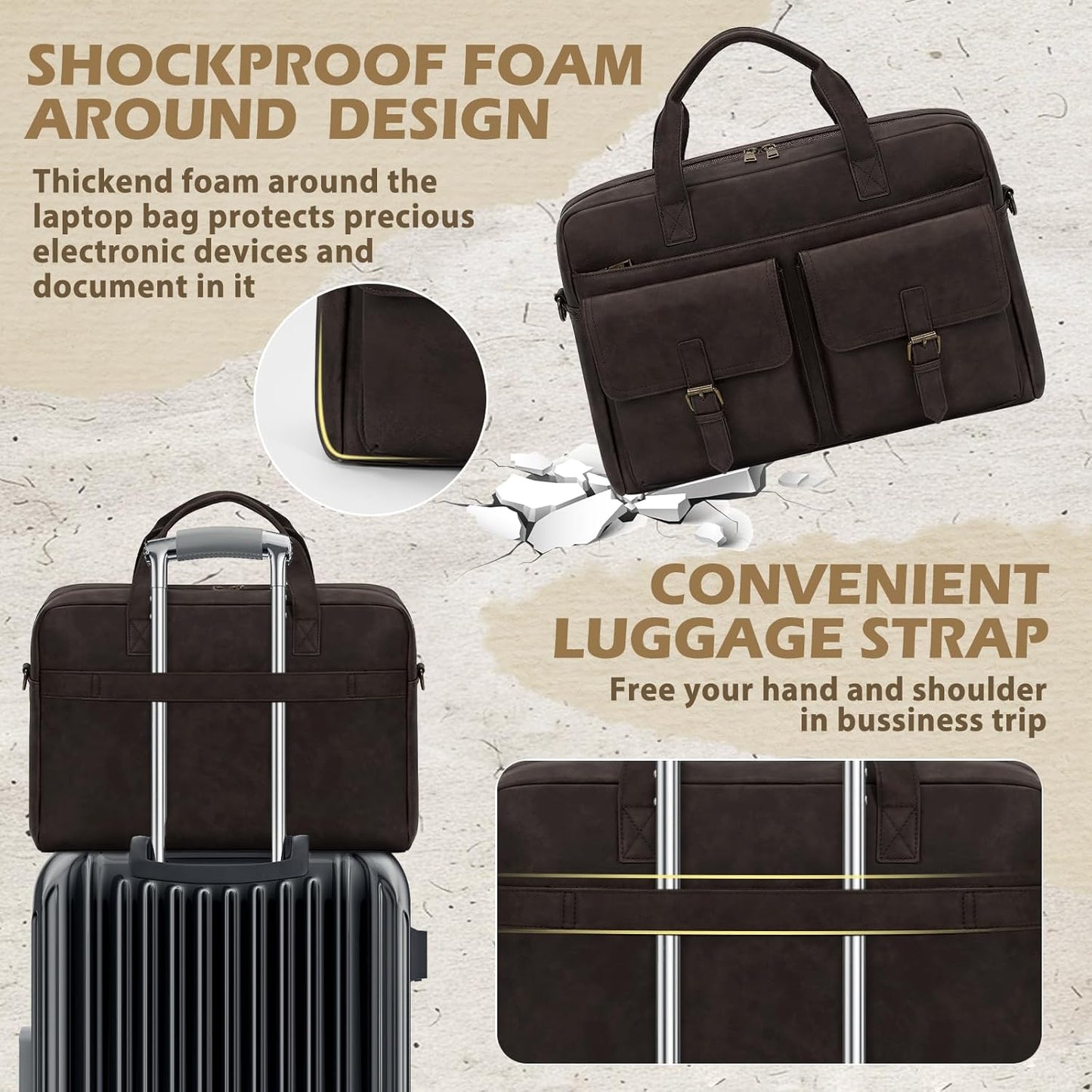 RAINSMORE Messenger Bag for Men 16 Inch Leather Laptop Bags Work Computer Briefcase Vintage Mens Satchel Shoulder Bag for Work, Office, Business, Travel, Coffee