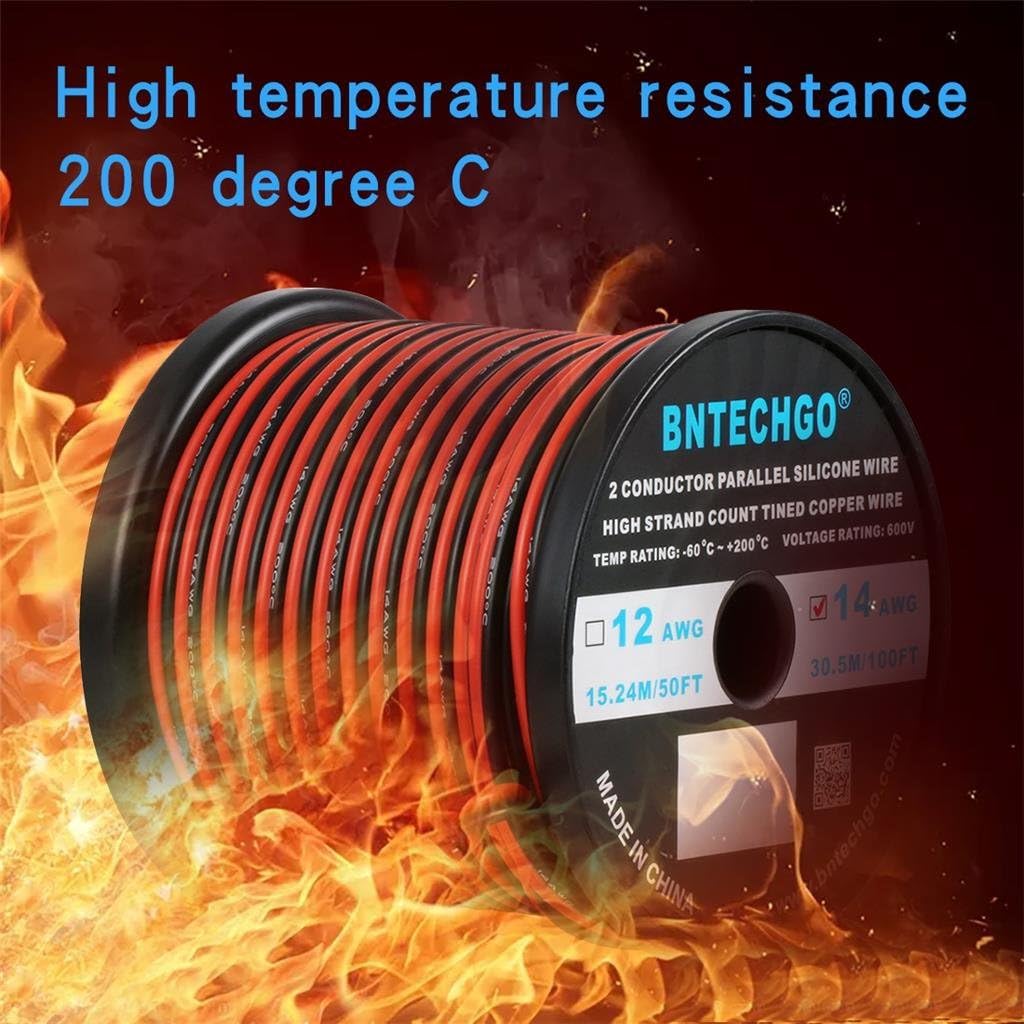 BNTECHGO 14 Gauge Flexible 2 Conductor Parallel Silicone Wire Spool Red Black High Resistant 200 deg C 600V for Single Color LED Strip Extension Cable Cord,Model,100ft Stranded Tinned Copper Wire