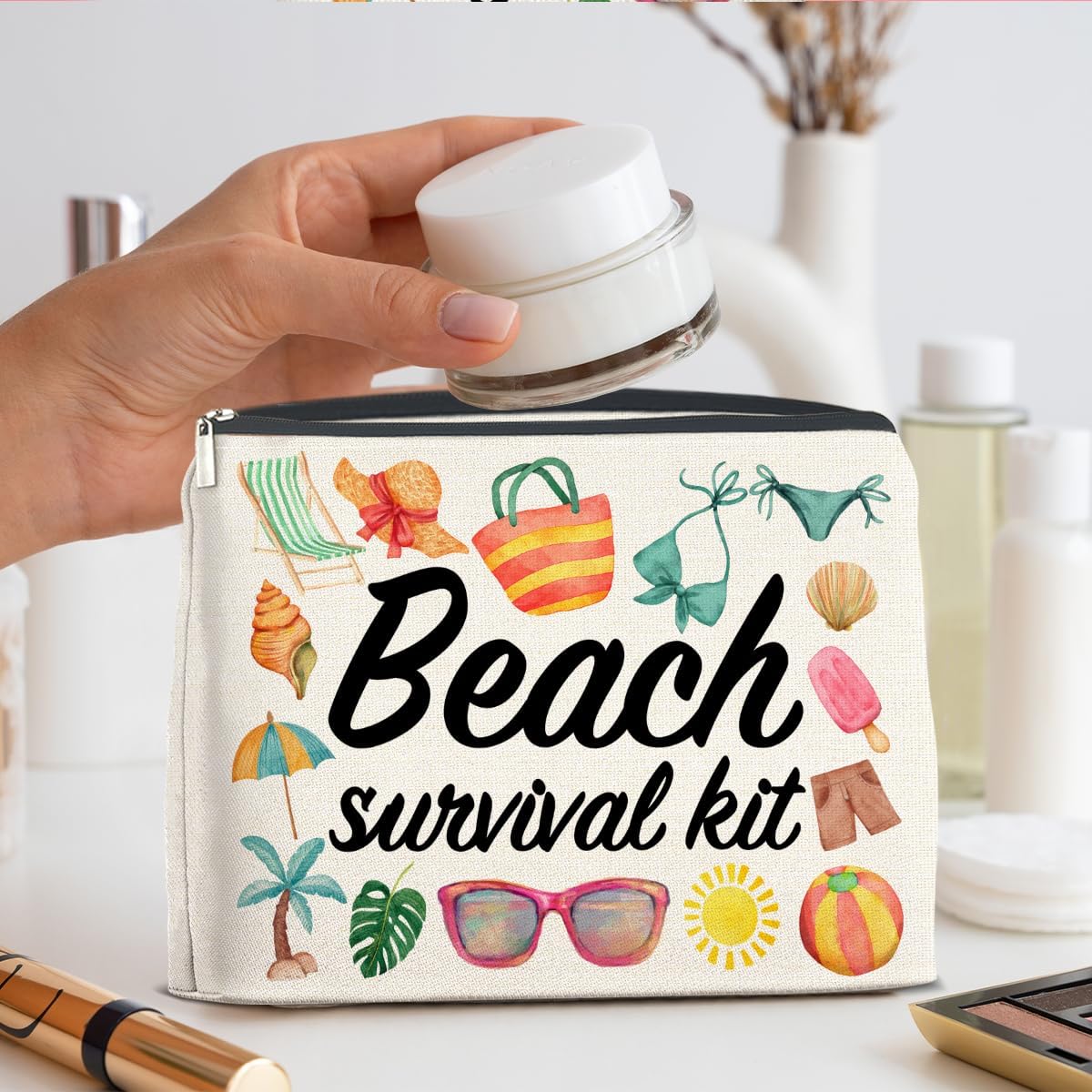 Beach Survival Kit Makeup Bag Beach Travel Gifts for Women, Multicolor Cosmetic Case