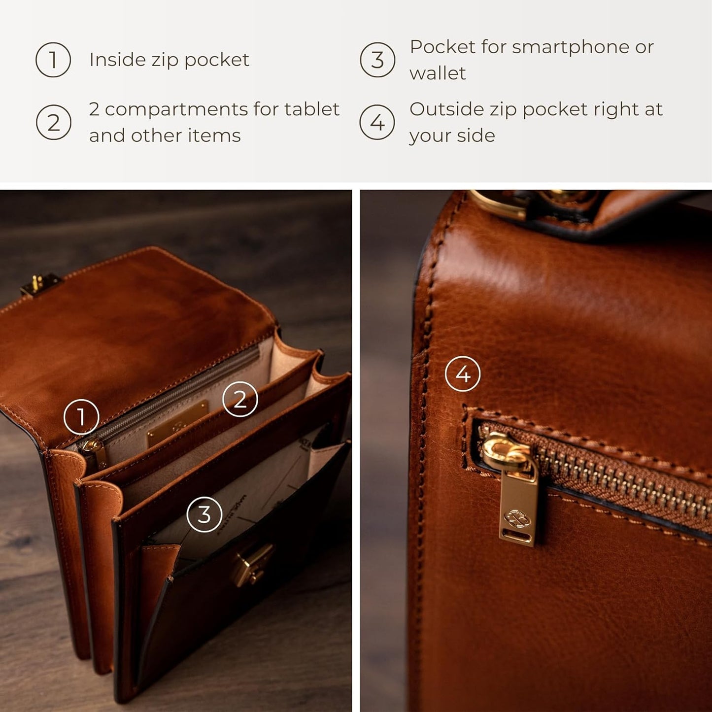 Time Resistance Small Leather Briefcase for Men - Crossbody Bag - Italian Leather Messenger Bag