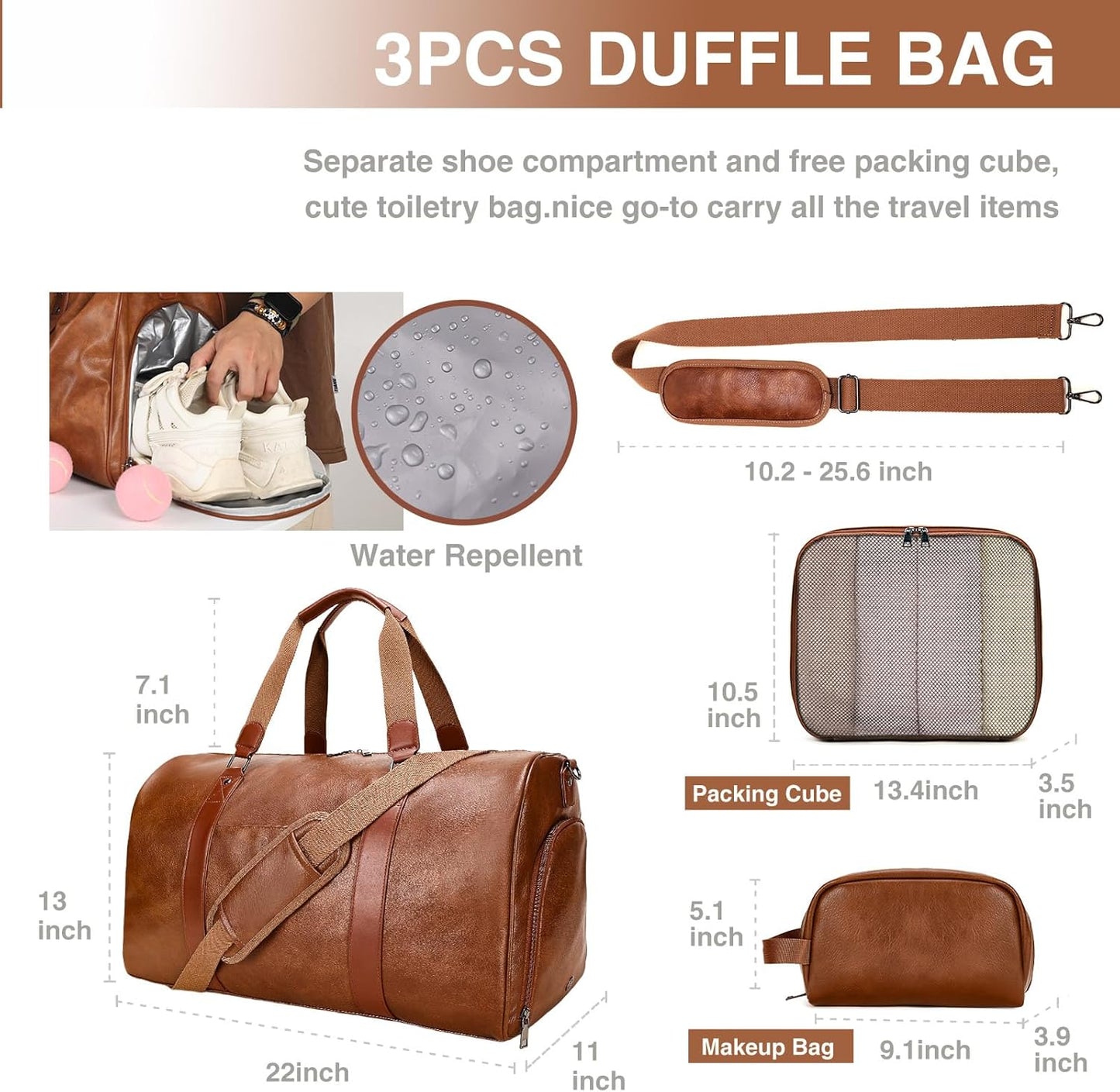 3-in-1 Leather Duffle Bag for Travel with Toiletry Bag and Shoe Compartment, Weekender Overnight Gym Bag for Men Women, Carry On Bag Fits 21 Inch Laptop