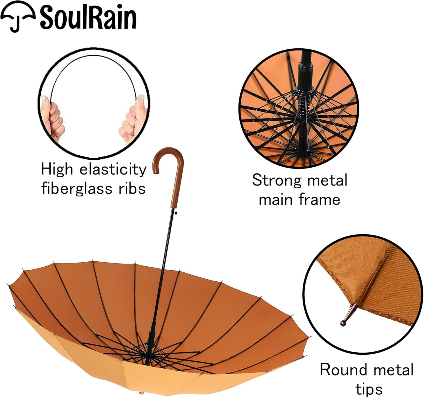SoulRain 16 Ribs 48" Stick Umbrella Auto Open Solid Color Fashionable and Simple,Arc Classic Wood Handle,Windproof Unbreakable Stick Rain Umbrella