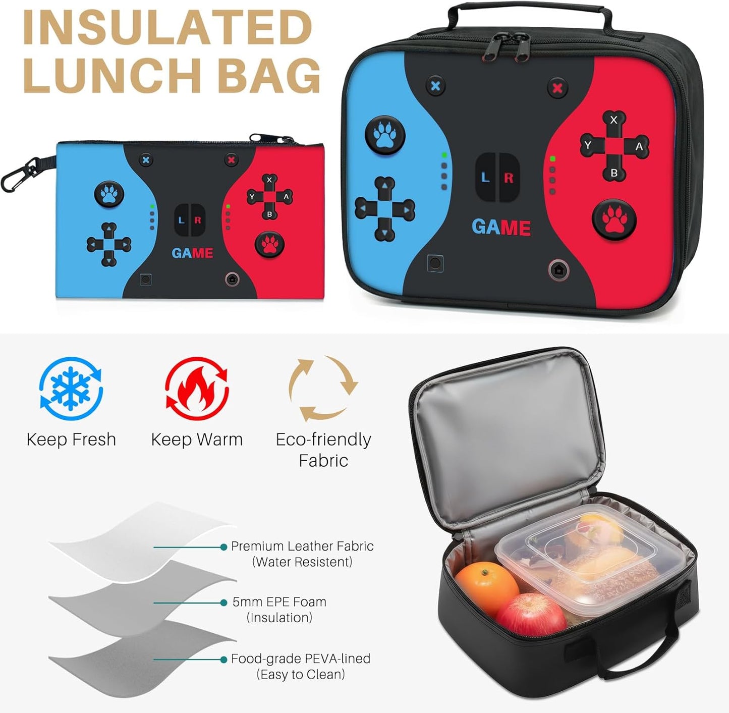 Video Game Style Backpack for Boys - 3 Piece School Set Includes Large 16.5 Inch Bookbag, Lunch
