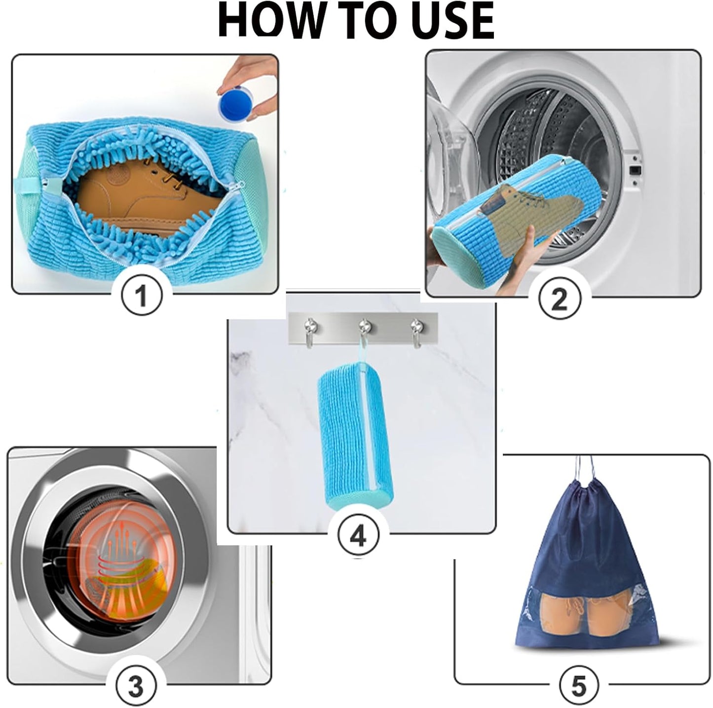 2Pcs Shoe Washing Machine Bag, Durable Laundry Shoe Bag for Washing Machine, Fluffy Fibers 360° Cleaning, Includes Liquid Shoe Brush & Travel Dust Bag, Ideal for Sneakers & Gym Shoes (blue)