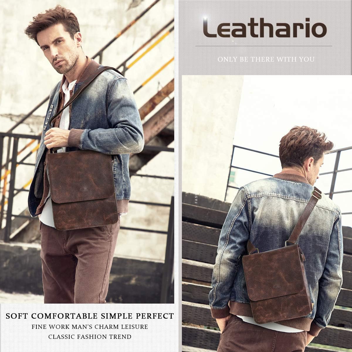 Leathario Crossbody Bag for Men Genuine Leather Small Messenger Shoulder Purse Side Vintage Satchel for Work Business Daily
