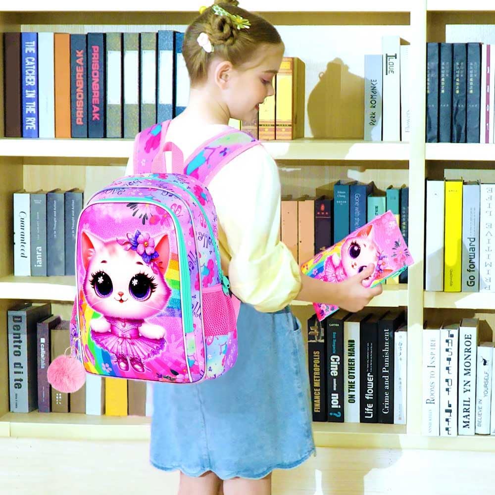 CCJPX 3PCS Cat Backpack for Girls, 16”Kids Ballet Preschool Bookbag with Lunch Box, Cute Ballet Water Resistant School Bag for Elementary Kindergarten Toddler