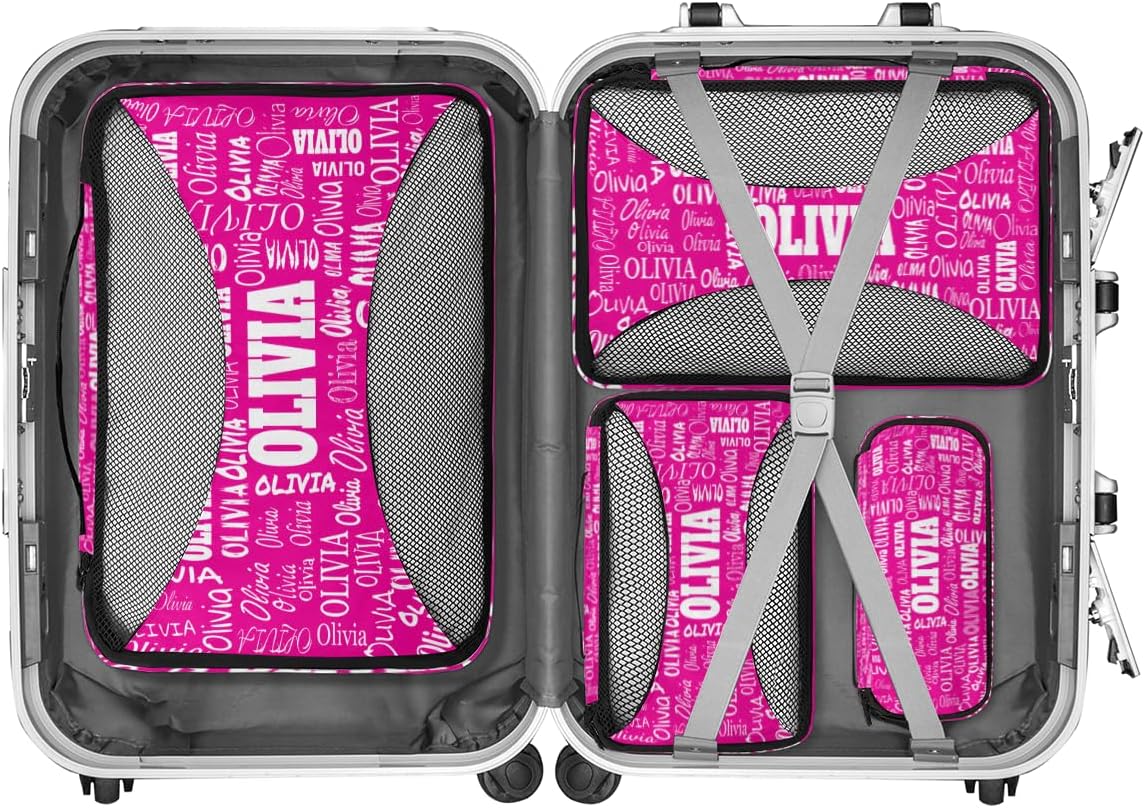 Custom Packing Cubes with Name - 4 Piece Packing Cubes Compression Luggage Suitcase Organizer Set, Deep Pink