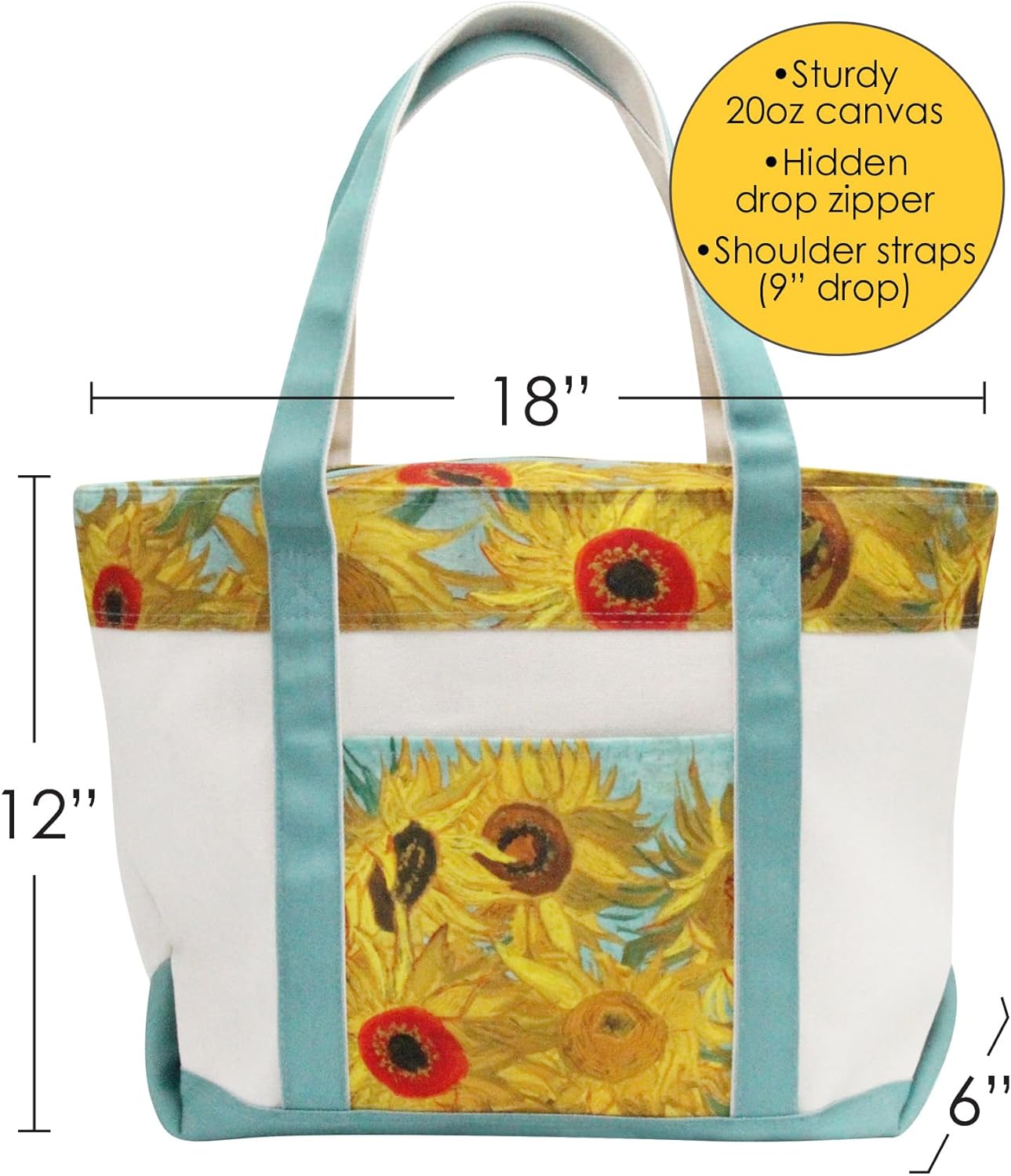 RainCaper Fine Art Large Cotton Canvas Tote Bag Roomy Heavy Duty Sturdy Boat Bag Zippered Top Lots of Pockets Shoulder Straps