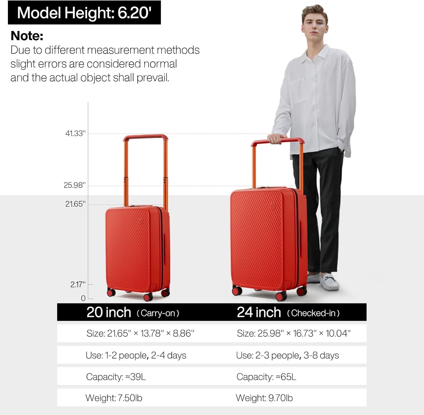 mixi Carry On Luggage Airline Approved 20'' Lightweight Luggage Wide Handle PC Hardshell Suitcases with Spinner Wheels & TSA Lock, Red