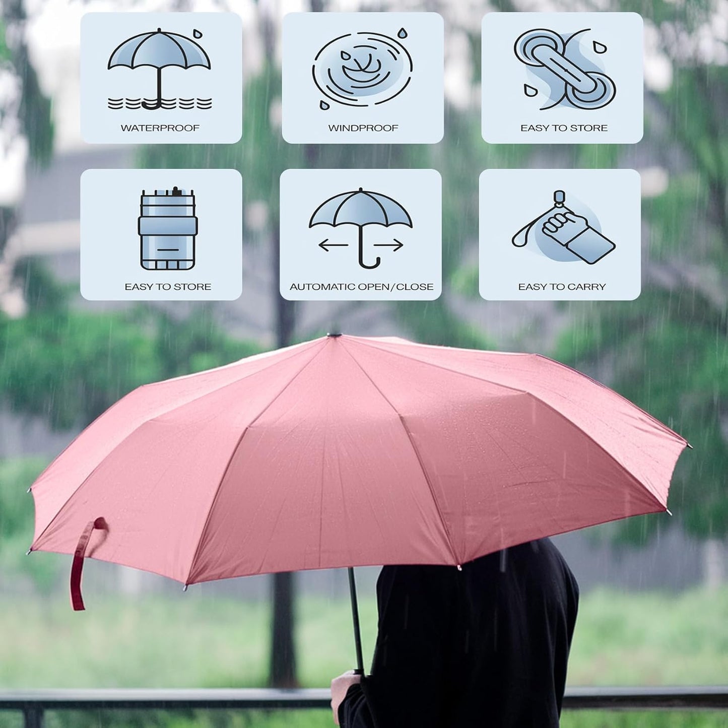 MRTLLOA 42/49 Inch Compact Windproof Travel Umbrella for Rain, Lightweight, Portable, Automatic, Strong, Waterproof Folding Umbrellas for Women, Men and Teenagers