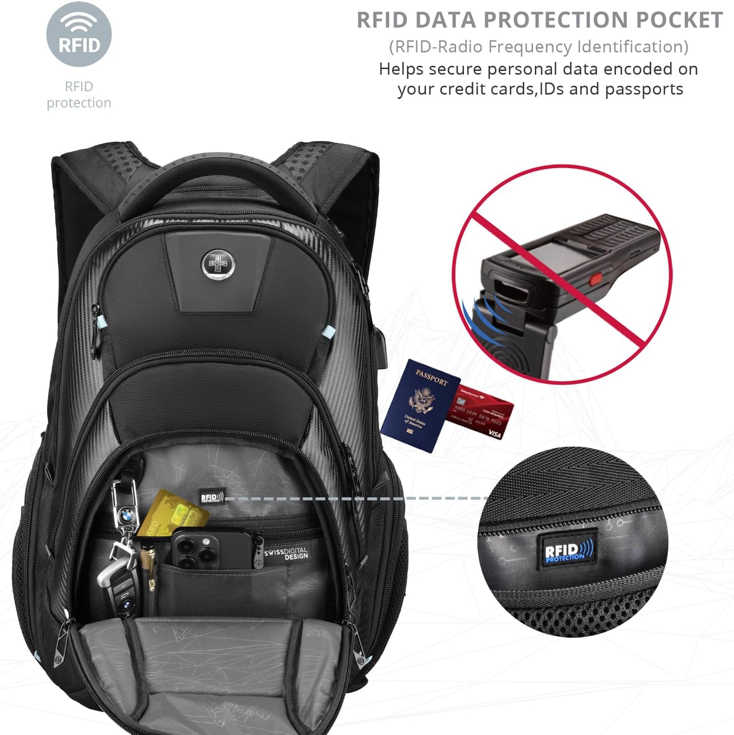 Swissdigital Design Men's 17 Inch Laptop Backpack with Apple Find My Network and USB Charging Port, Large Capacity Business Travel Backpack for College and Business | SD1643FB-01
