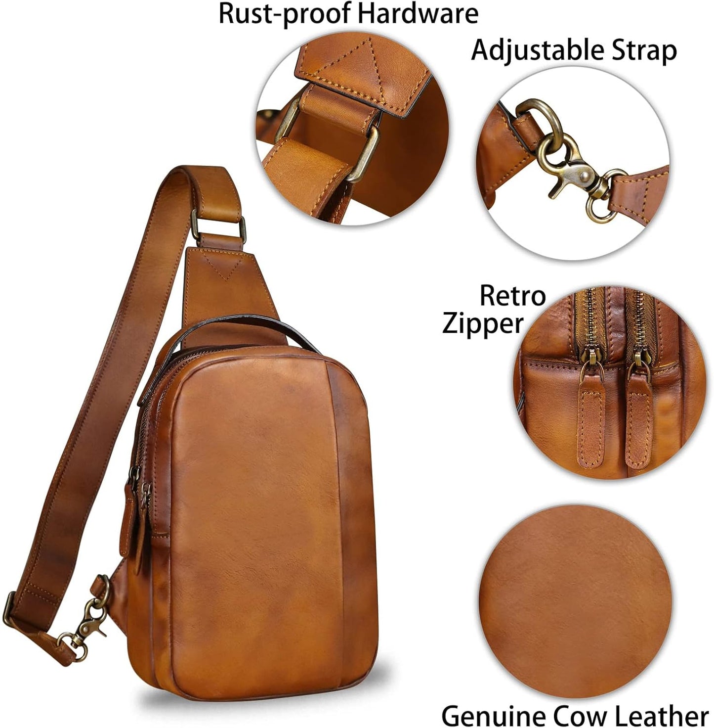 Genuine Leather Sling Bag Crossbody Purse Retro Handmade Hiking Daypack Motorcycle Shoulder Backpack Vintage Chest Bags (Brown)