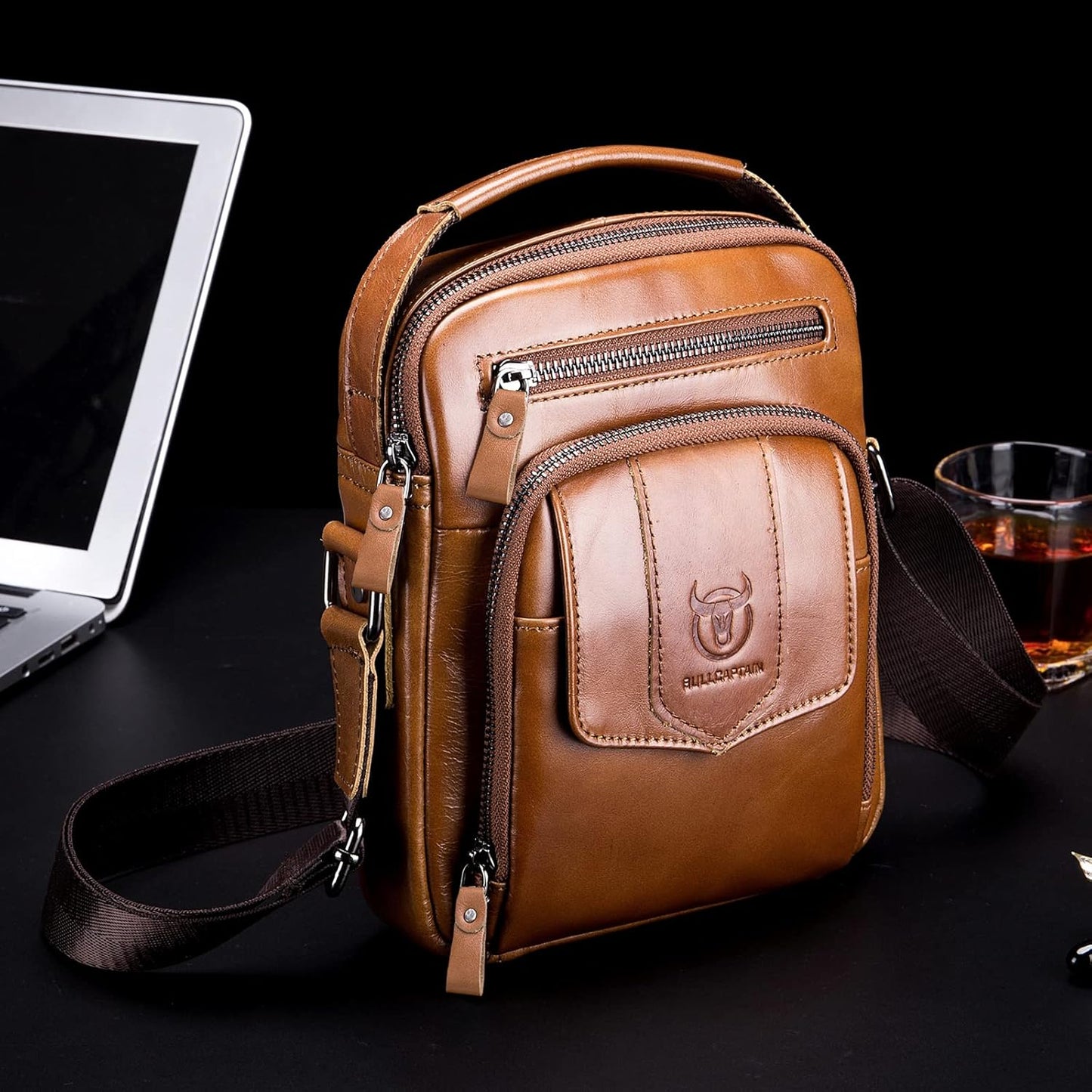 LUKZIJAES Small Genuine Leather Shoulder Bag Men Messenger Handbag Lightweight Sling Crossbody Bag