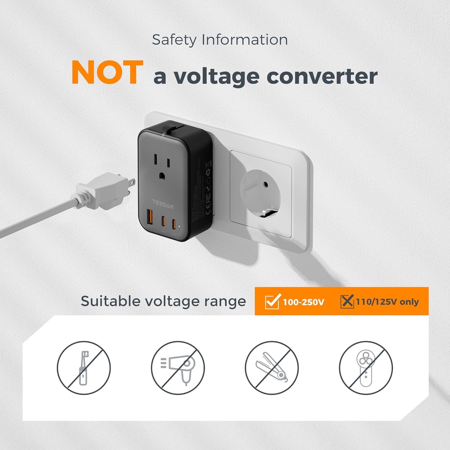 TESSAN International Power Adapter, Travel Adapter PD 20W 2 USB C 1 USB A, Ultra Thin Universal Plug Adaptor Worldwide for US to Europe UK Australia Ireland (Type C G A I)