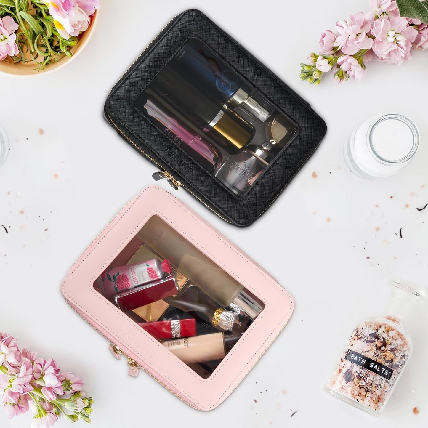Aveniee Clear Makeup Bag Set,Portable Travel Toiletry Bag Cosmetic Case for Women,Vegan Leather