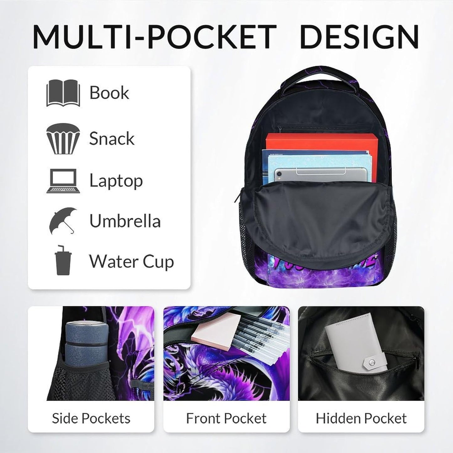 Personalized Kids Backpack, Dragon Backpack for Girls Boys, 17 Inch Lightning School Bag for Primary, Large Capacity School Supplies