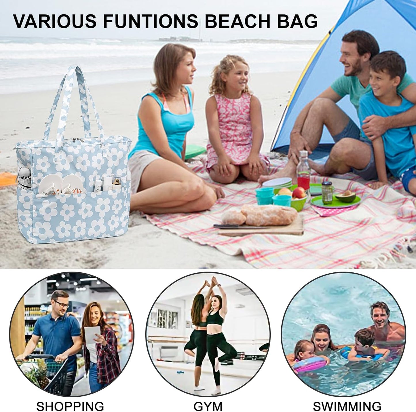 Beach Pool Bags Tote for Women Ladies Large Gym Tote Carry On Bag With Wet Compartment for