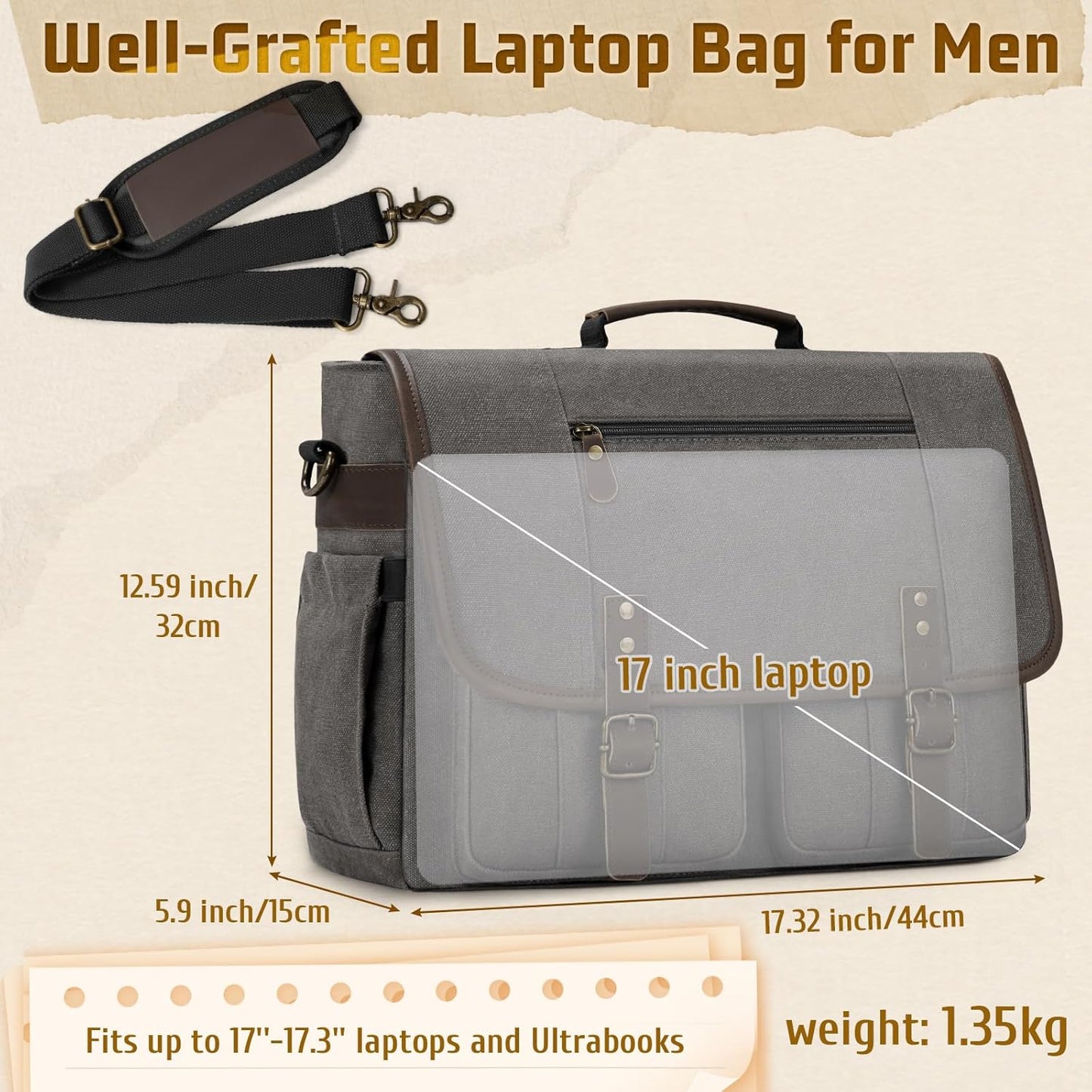 RAINSMORE Mens Messenger Bag 17-17.3 Inch Vintage Canvas Briefcase Water-resistant Large Computer Laptop Bag Rugged Satchel Shoulder Bag for Work Travel, Bookbag for College