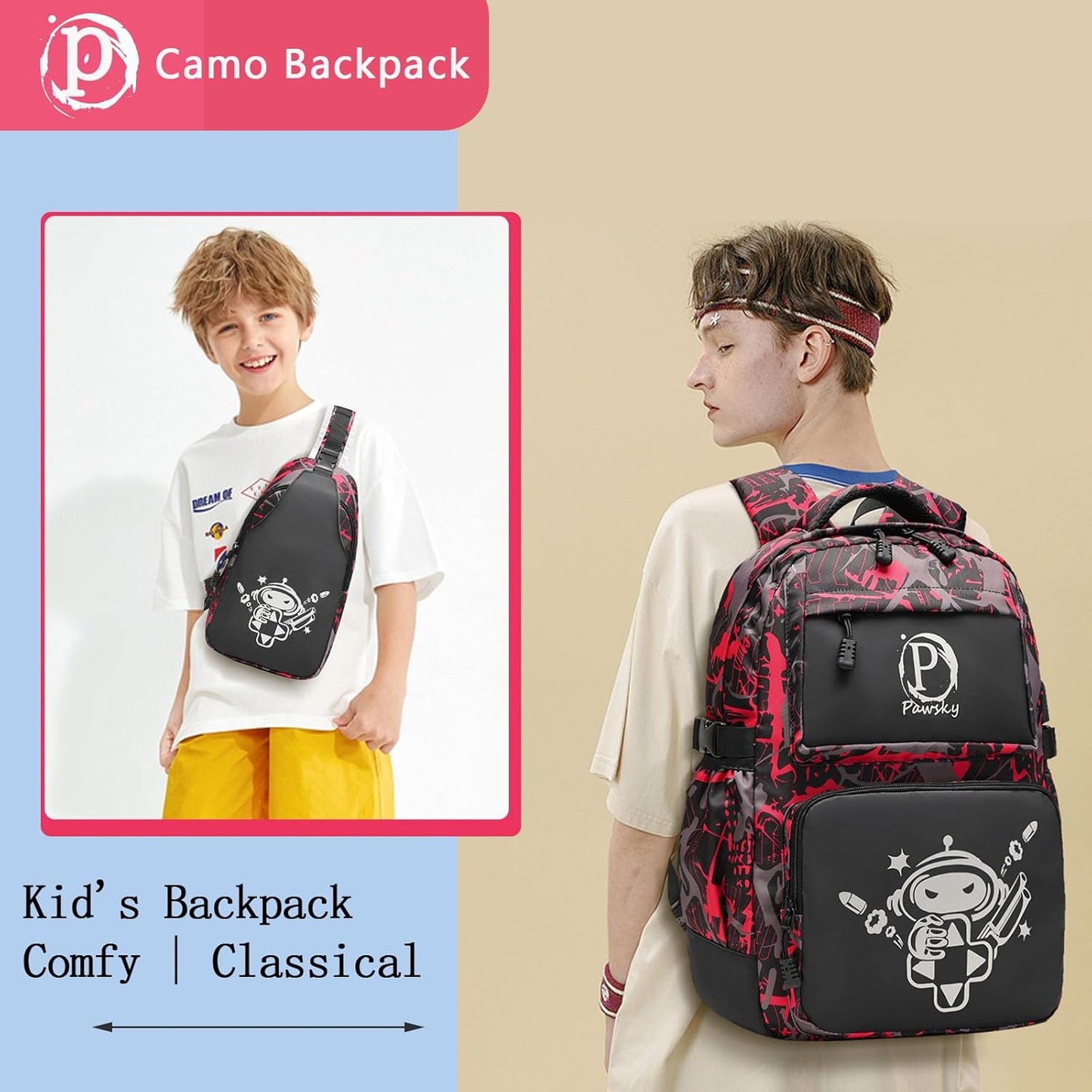 School Backpack with USB Charging Port for Teen Boys, Anime Luminous Backpack College School Bookbag Lightweight Laptop Bag with Sling Bag Set, Red