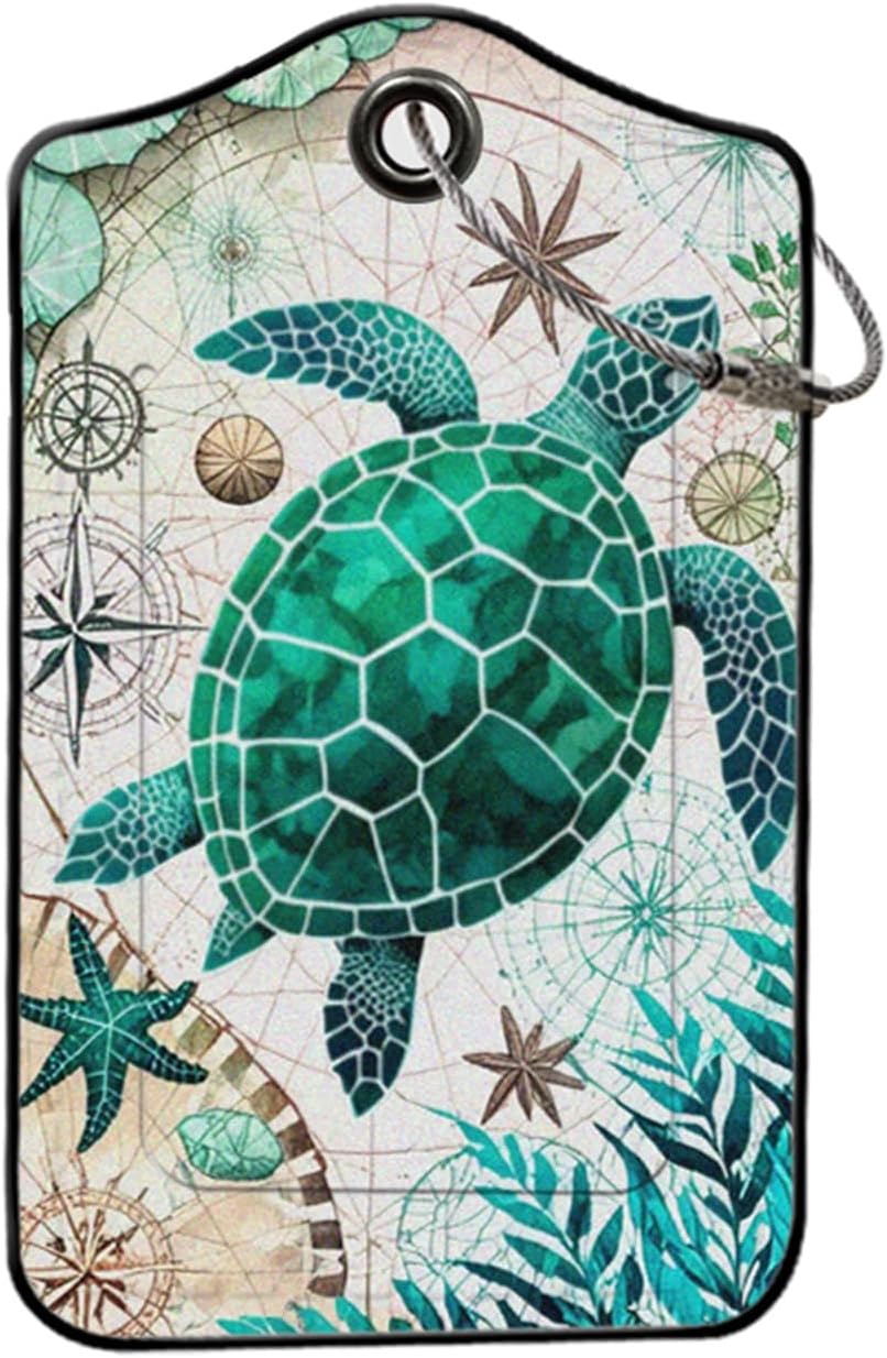 Turtles Leather Luggage Tags for Suitcases, PU Cruise Ship Travel Bag Tags with Privacy Cover ID Label with Stainless Steel Loop for Women Men Girls Cute Backpack Gift 2 Pack (Green Blue)